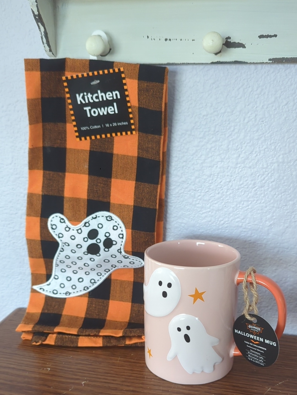 New Kitchen Towel and Halloween Ceramic Mug Set - Orange & Pink